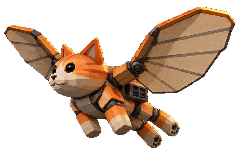 A low-poly orange tabby cat flying on brass-hinged canvas wings