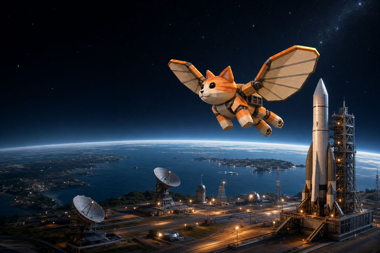 The flying cat passing a rocket on its launch gantry above the night-lit Earth